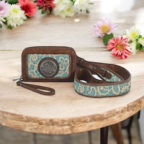 Justin Western Cactus Concho Turquoise Cream Lace Wallet Clutch Crossbody Bag - Picture 2 of 7